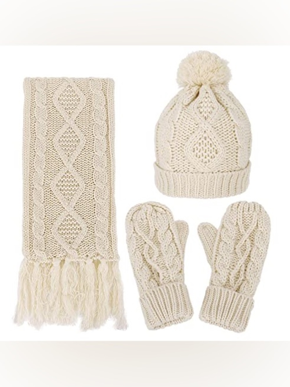 Andorra Gear Cream Cable Knit Beanie Scarf Mitten Set Cozy Winter OS NWT